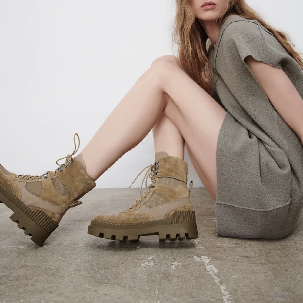 ZARA Laced Split Leather Low Heel Ankle Boots in Khaki Size 8 NWT